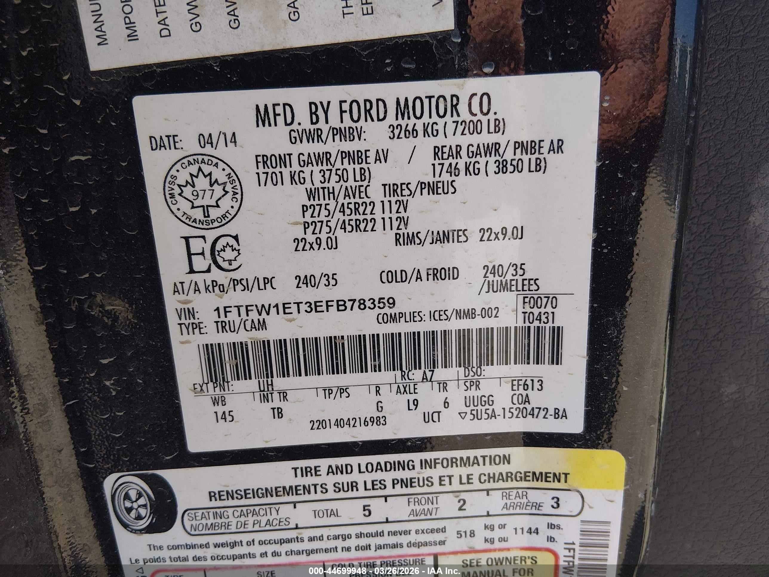 2014 Ford F-150 Limited Black vin: 1FTFW1ET3EFB78359
