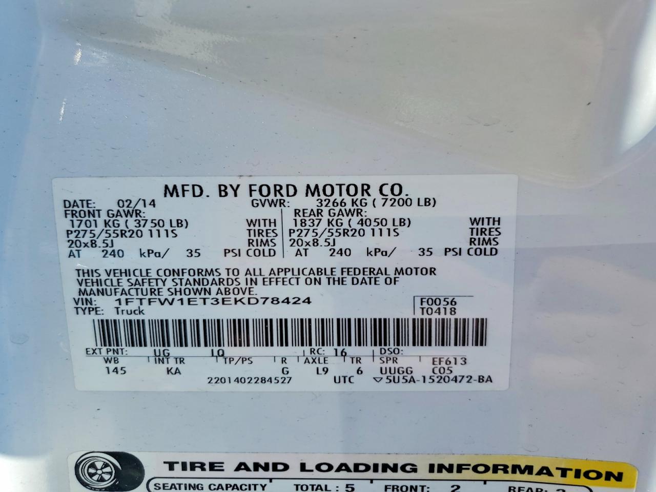 2014 Ford F150 Supercrew White vin: 1FTFW1ET3EKD78424