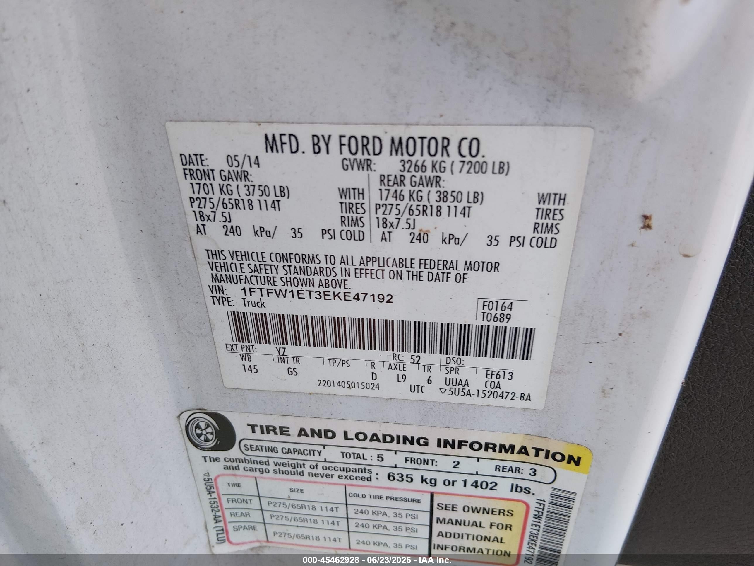 2014 Ford F-150 Fx4/king Ranch/lariat/limited/platinum/xl/xlt White vin: 1FTFW1ET3EKE47192