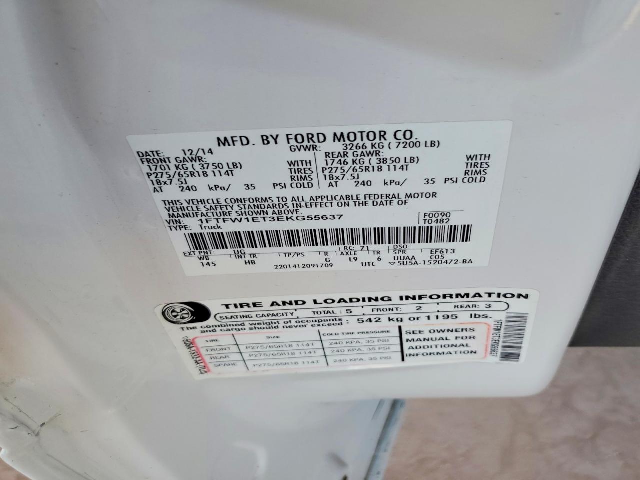 2014 Ford F150 Supercrew White vin: 1FTFW1ET3EKG55637