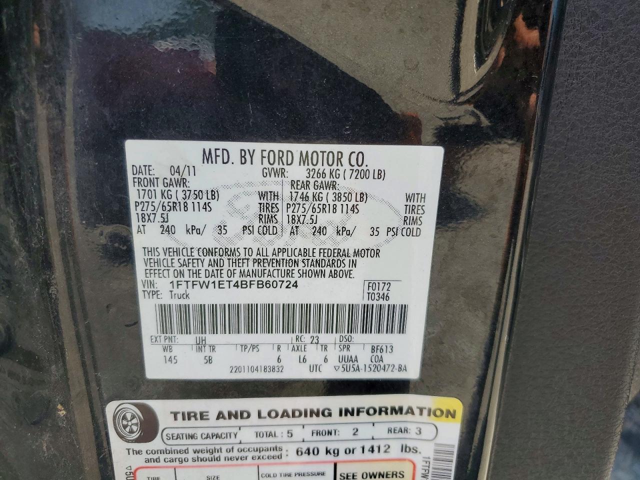 2011 Ford F150 Supercrew Black vin: 1FTFW1ET4BFB60724