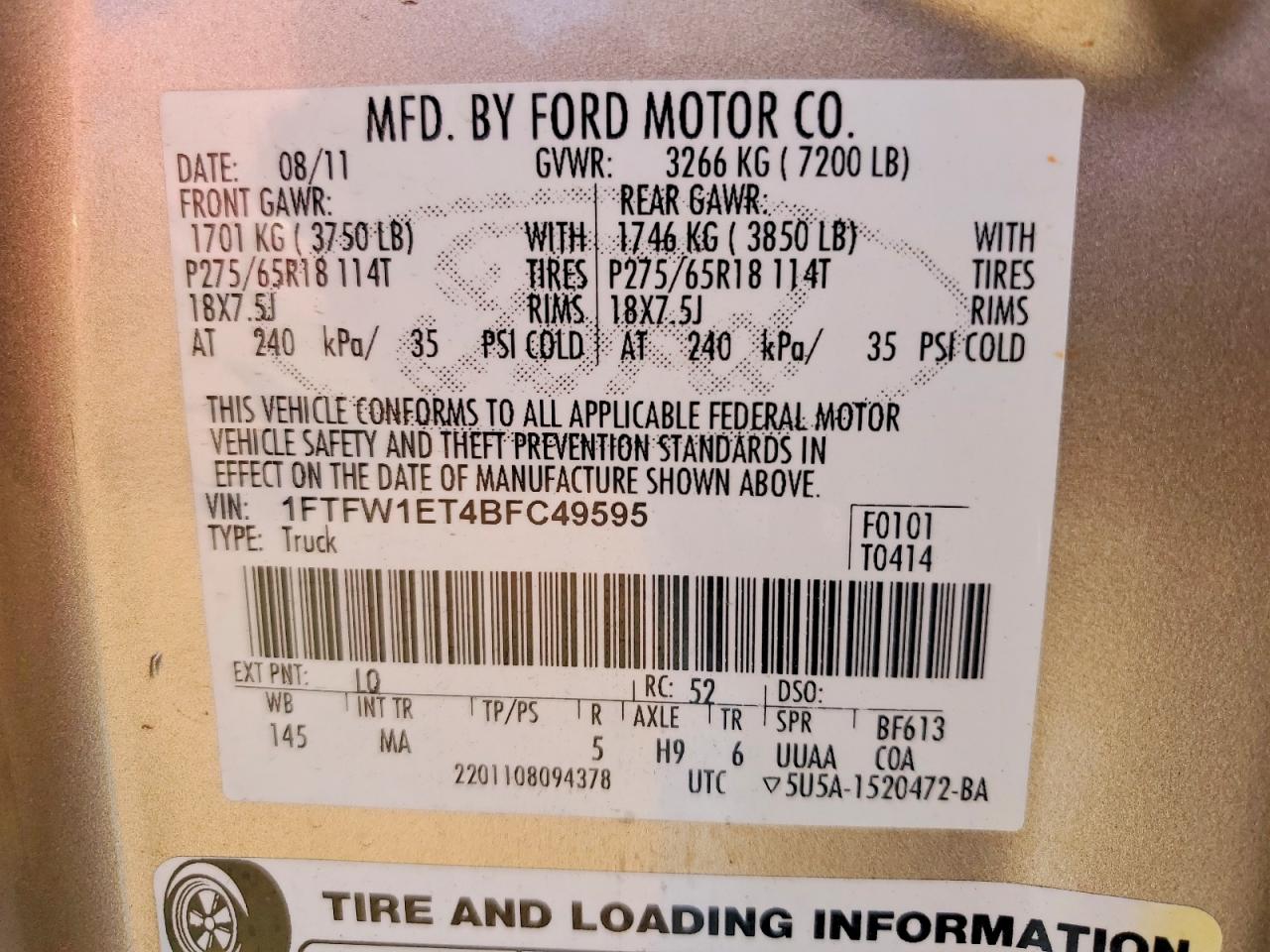 2011 Ford F150 Supercrew Бежевый vin: 1FTFW1ET4BFC49595
