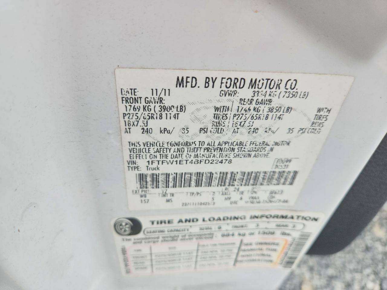 2011 Ford F150 Supercrew White vin: 1FTFW1ET4BFD22478