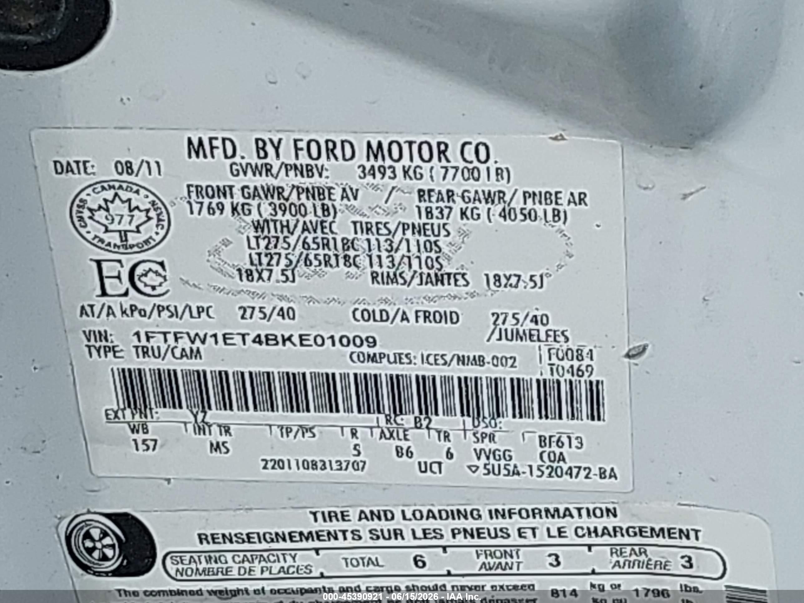 2011 Ford F-150 Xlt White vin: 1FTFW1ET4BKE01009