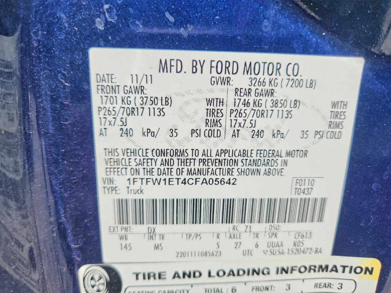 2012 Ford F150 Supercrew Blue vin: 1FTFW1ET4CFA05642
