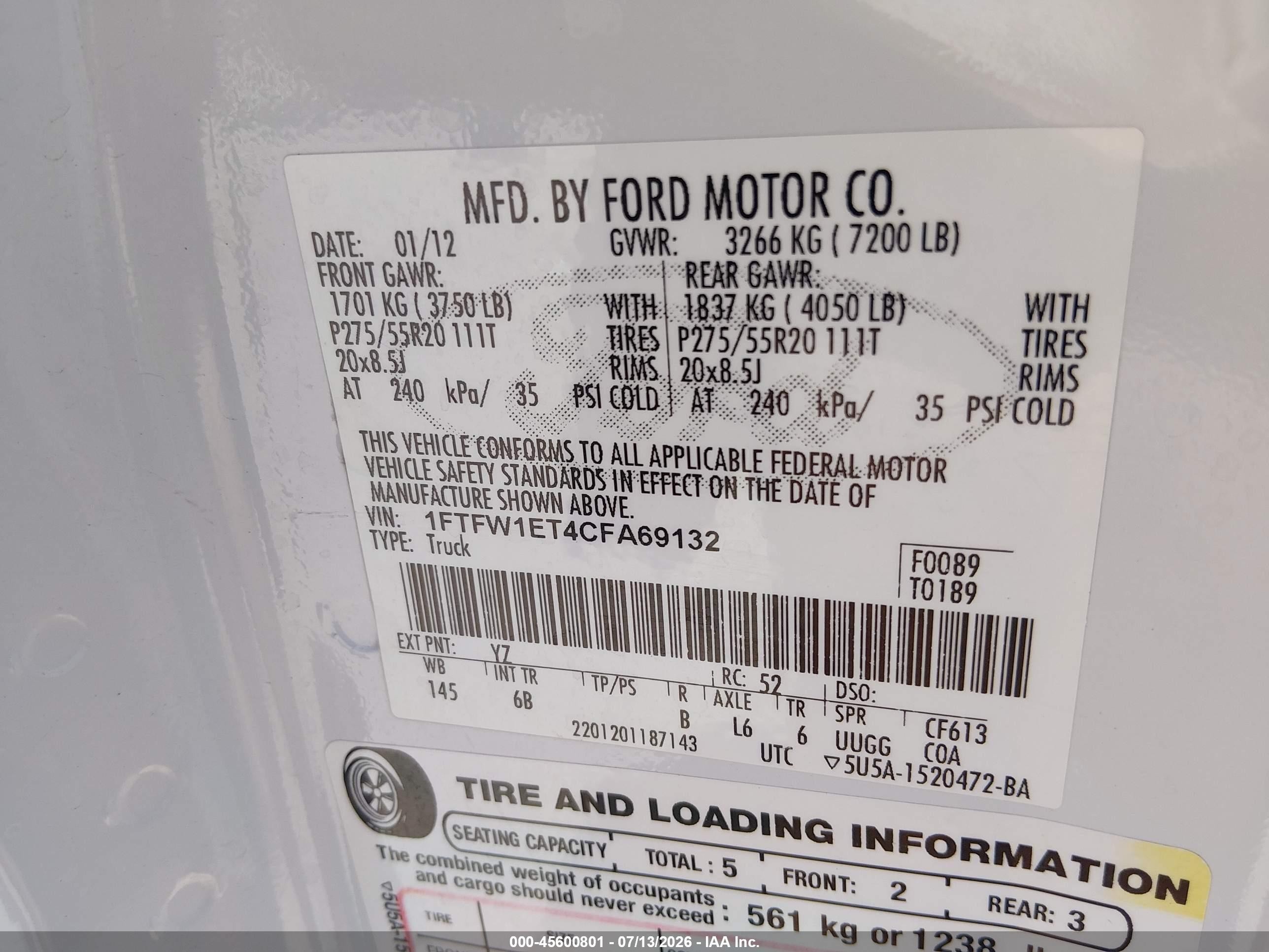 2012 Ford F-150 Fx4 White vin: 1FTFW1ET4CFA69132