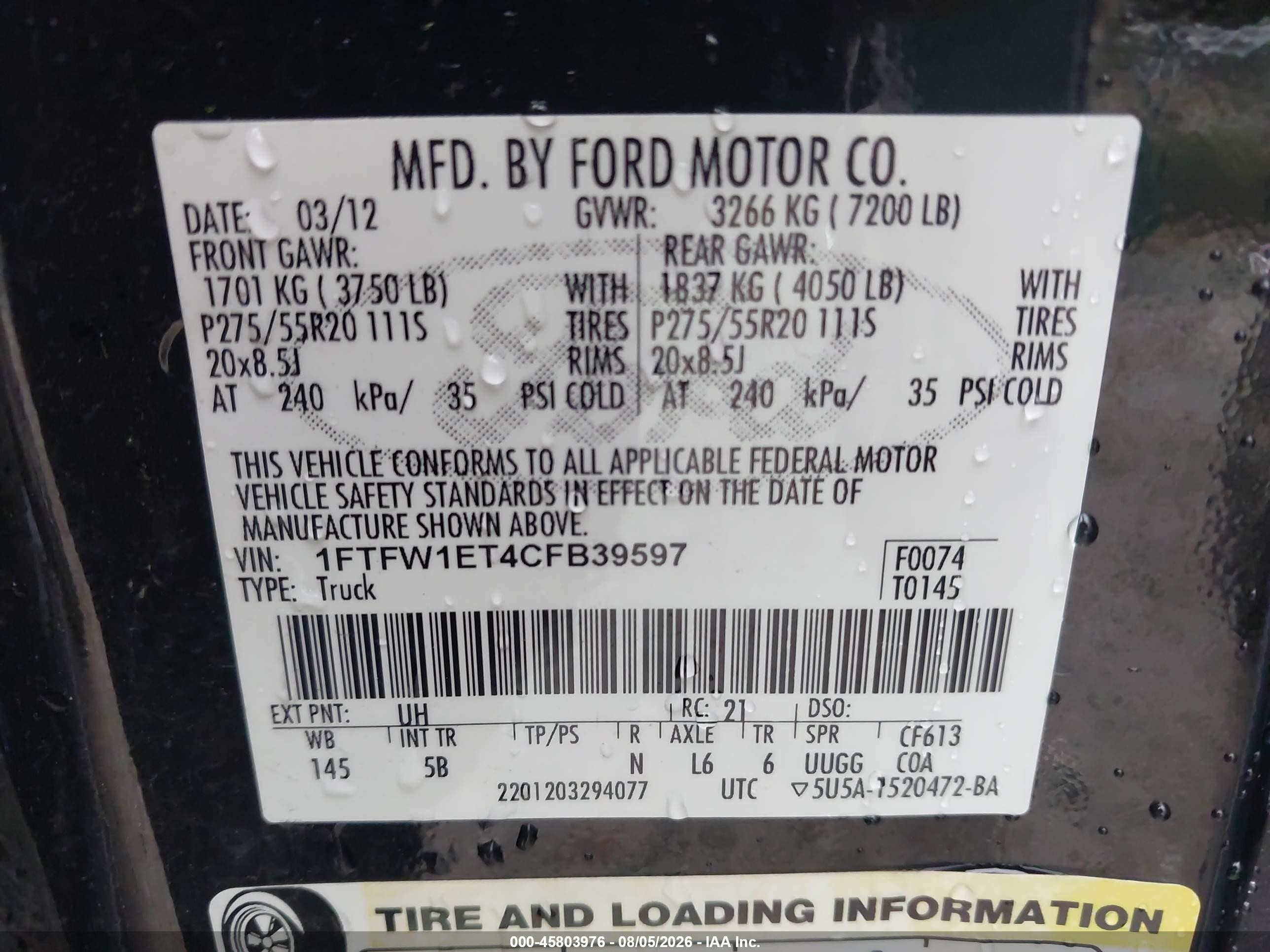 2012 Ford F-150 Fx4 Black vin: 1FTFW1ET4CFB39597