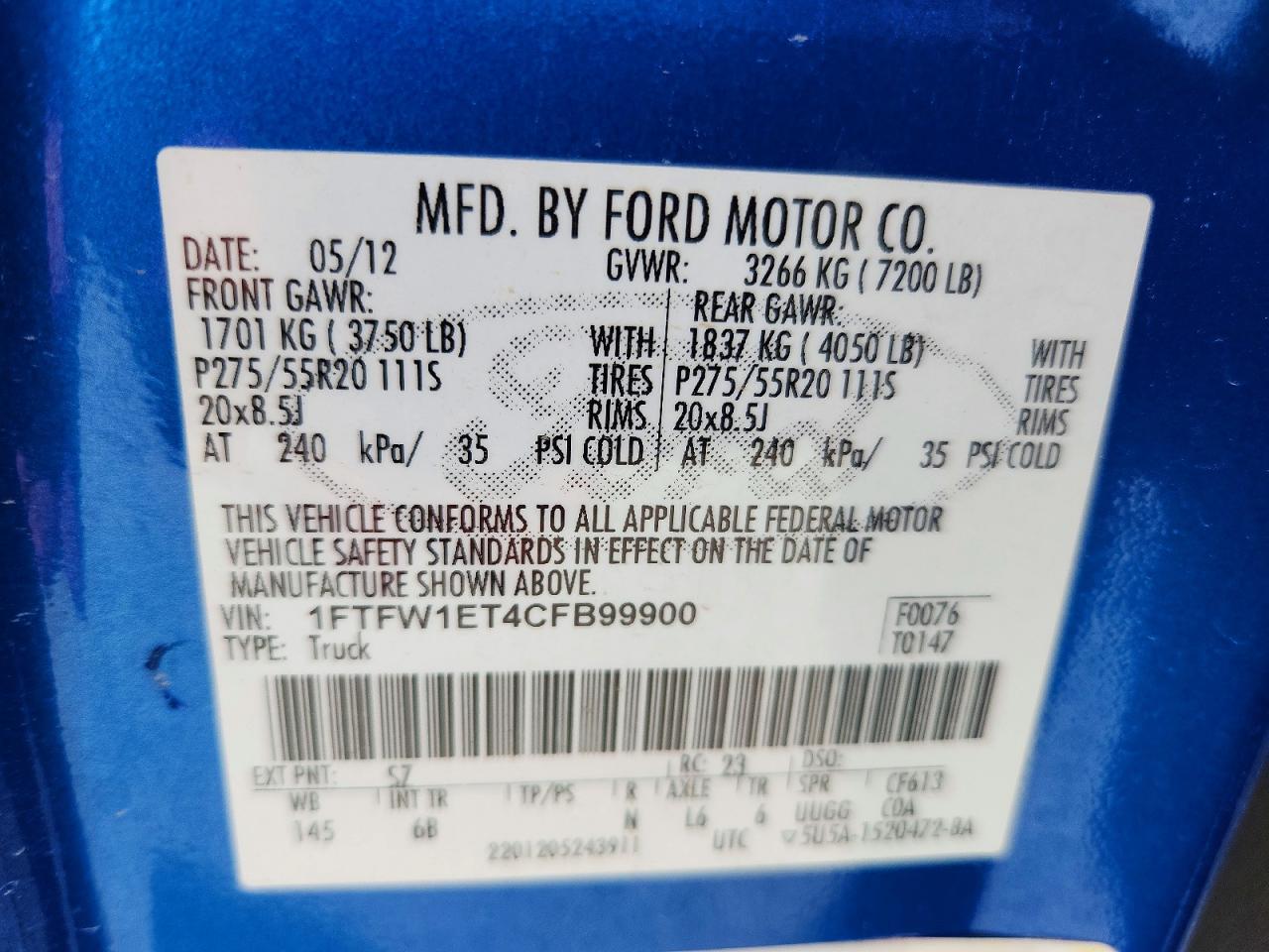 2012 Ford F150 Supercrew Blue vin: 1FTFW1ET4CFB99900