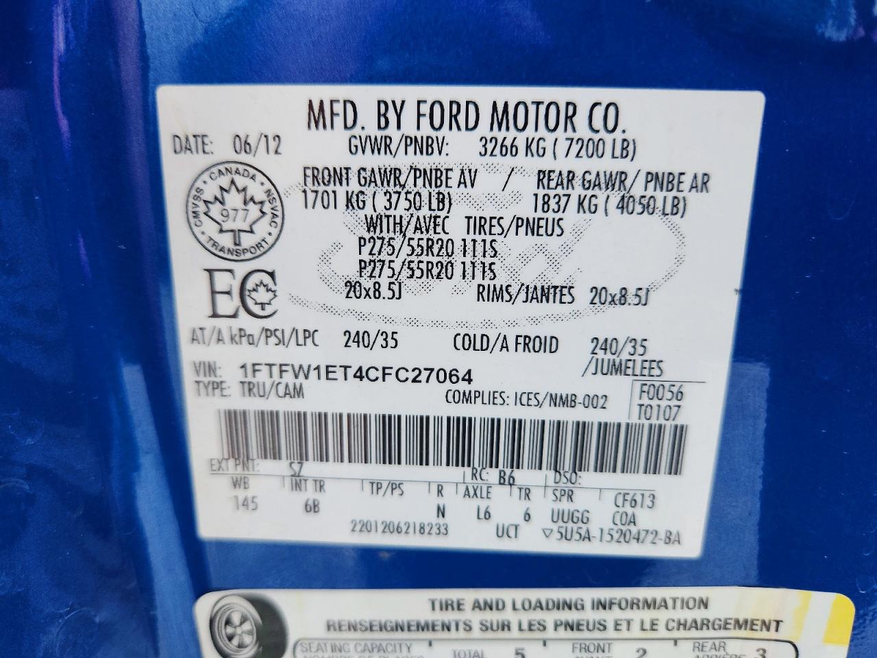 2012 Ford F150 Supercrew Blue vin: 1FTFW1ET4CFC27064
