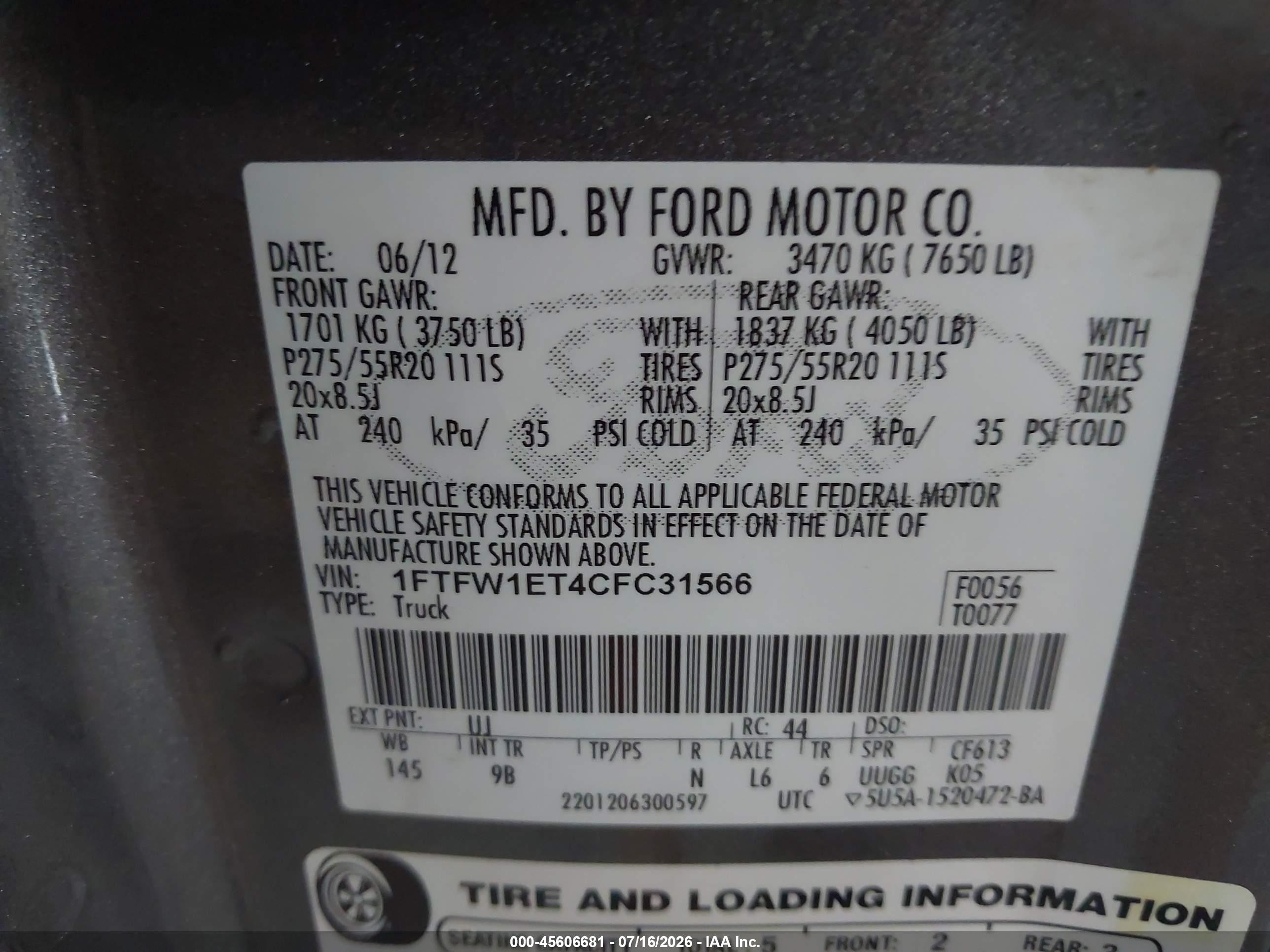 2012 Ford F-150 Fx4/king Ranch/lariat/platinum/xl/xlt Gray vin: 1FTFW1ET4CFC31566