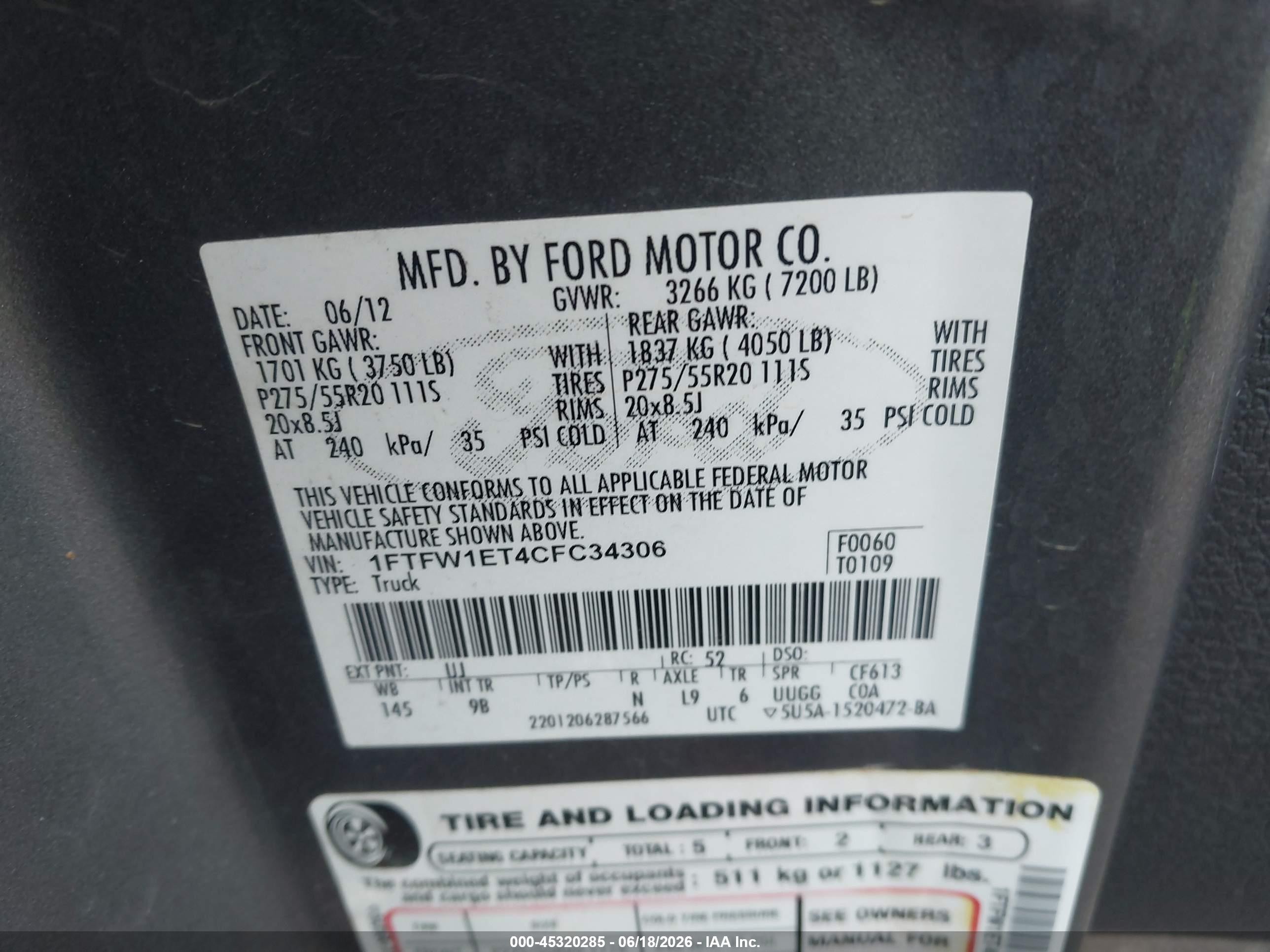 2012 Ford F-150 Platinum Gray vin: 1FTFW1ET4CFC34306