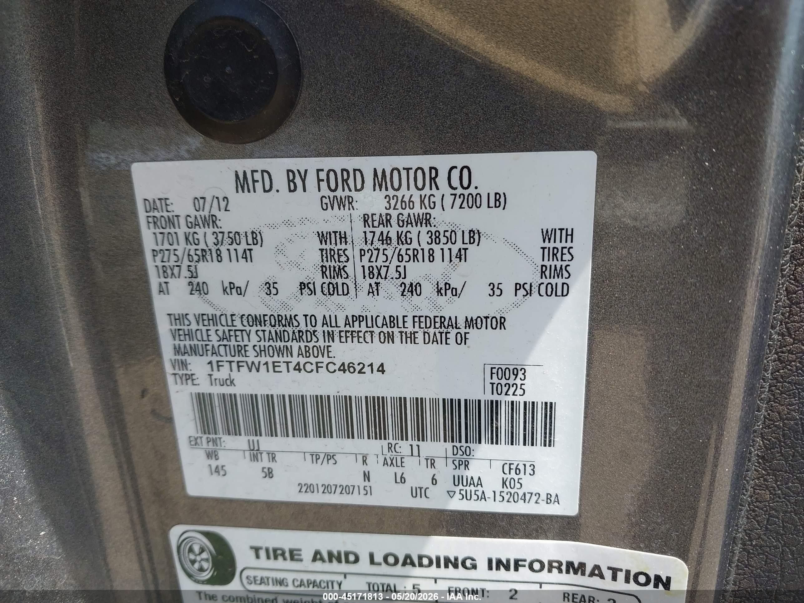 2012 Ford F-150 Fx4 Gray vin: 1FTFW1ET4CFC46214