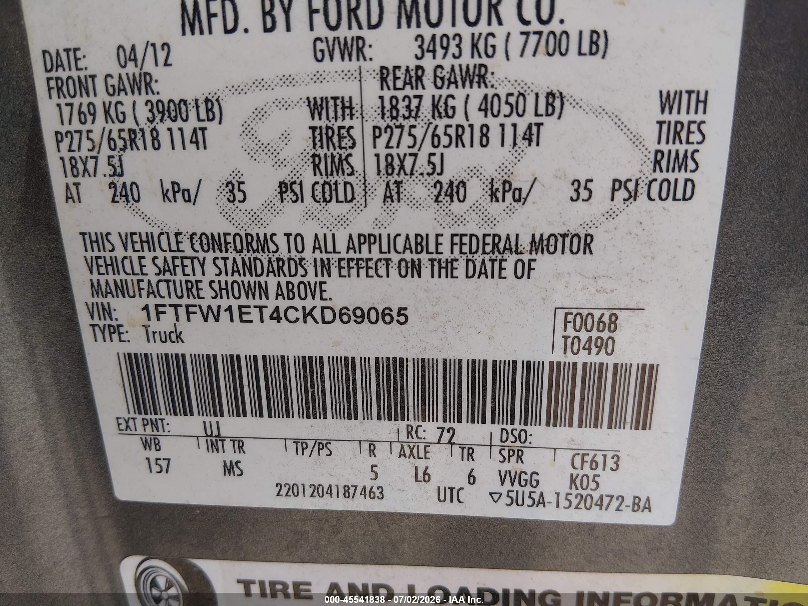 2012 Ford F-150 Fx4/king Ranch/lariat/platinum/xl/xlt Gray vin: 1FTFW1ET4CKD69065