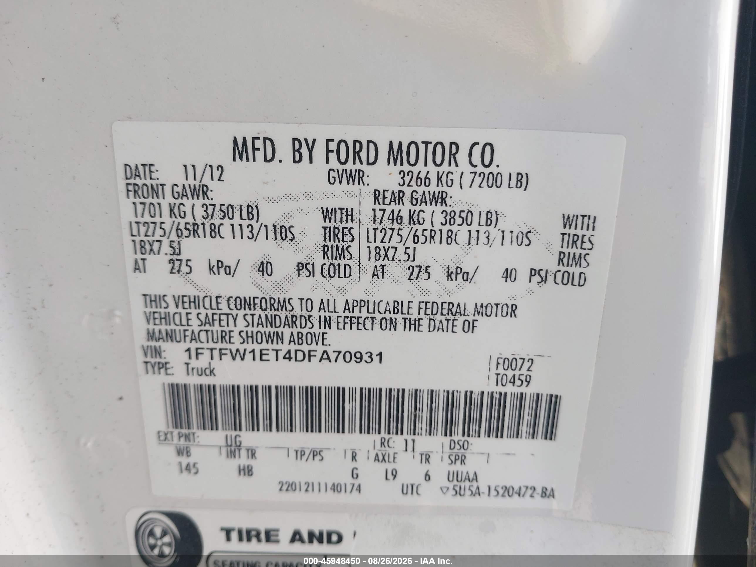 2013 Ford F-150 Lariat White vin: 1FTFW1ET4DFA70931