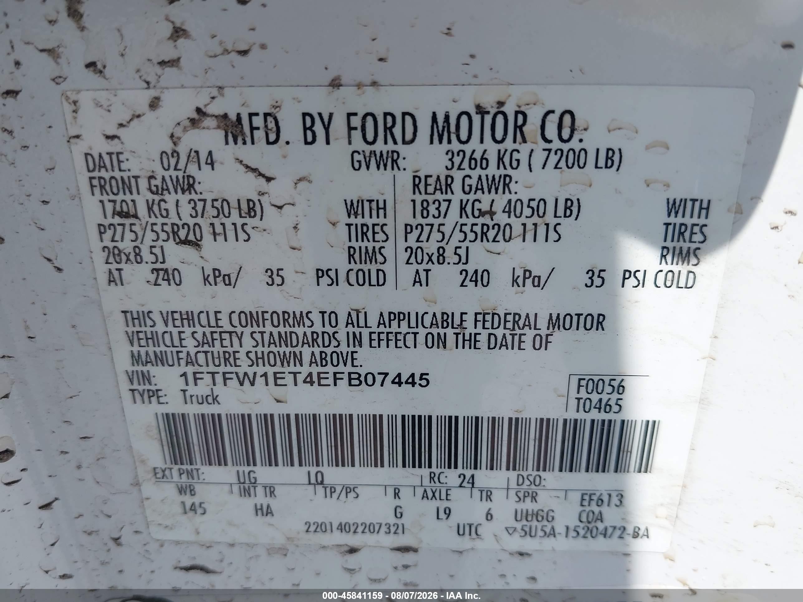 2014 Ford F-150 Lariat White vin: 1FTFW1ET4EFB07445