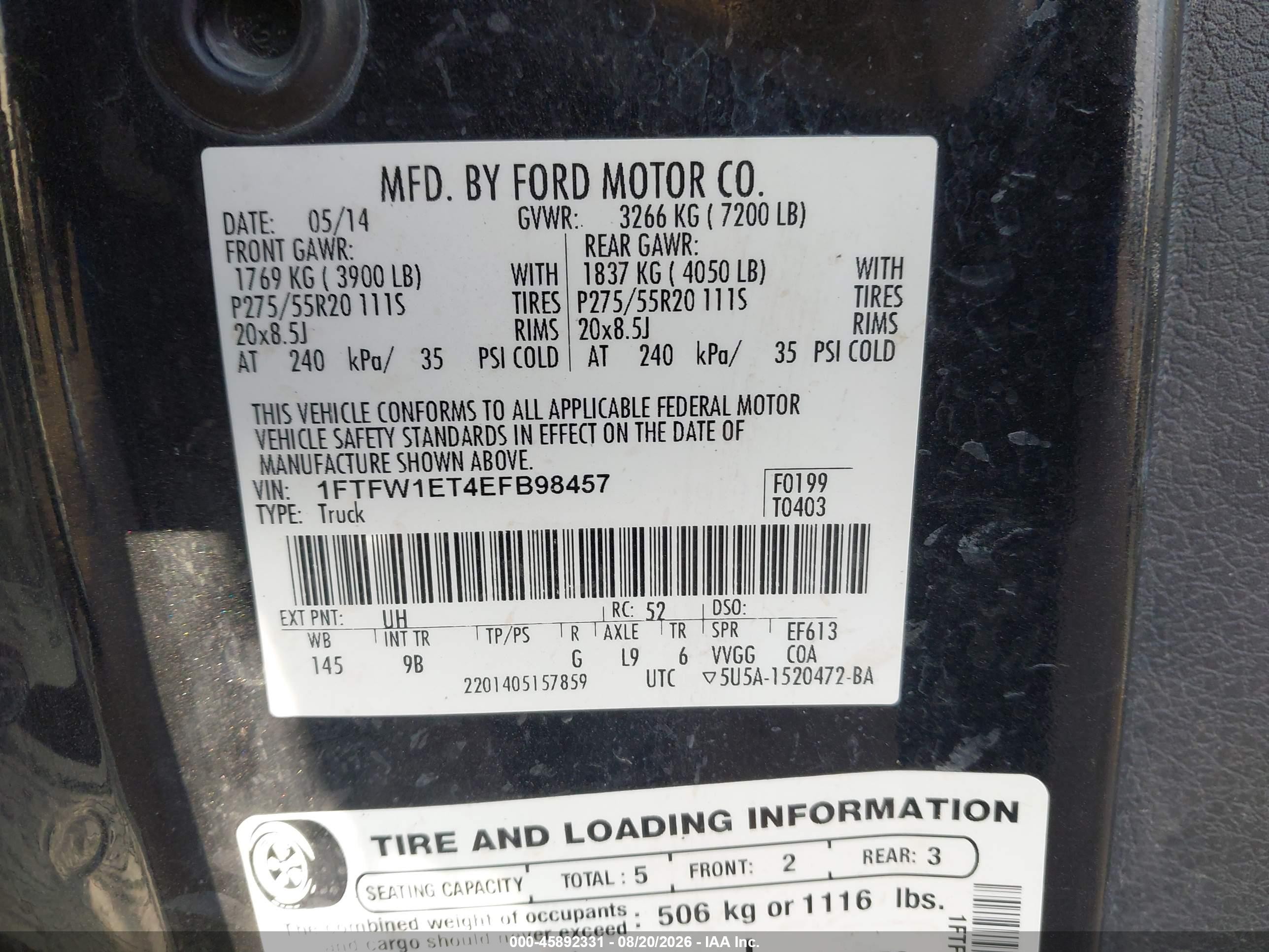 2014 Ford F-150 Fx4/king Ranch/lariat/limited/platinum/xl/xlt Черный vin: 1FTFW1ET4EFB98457