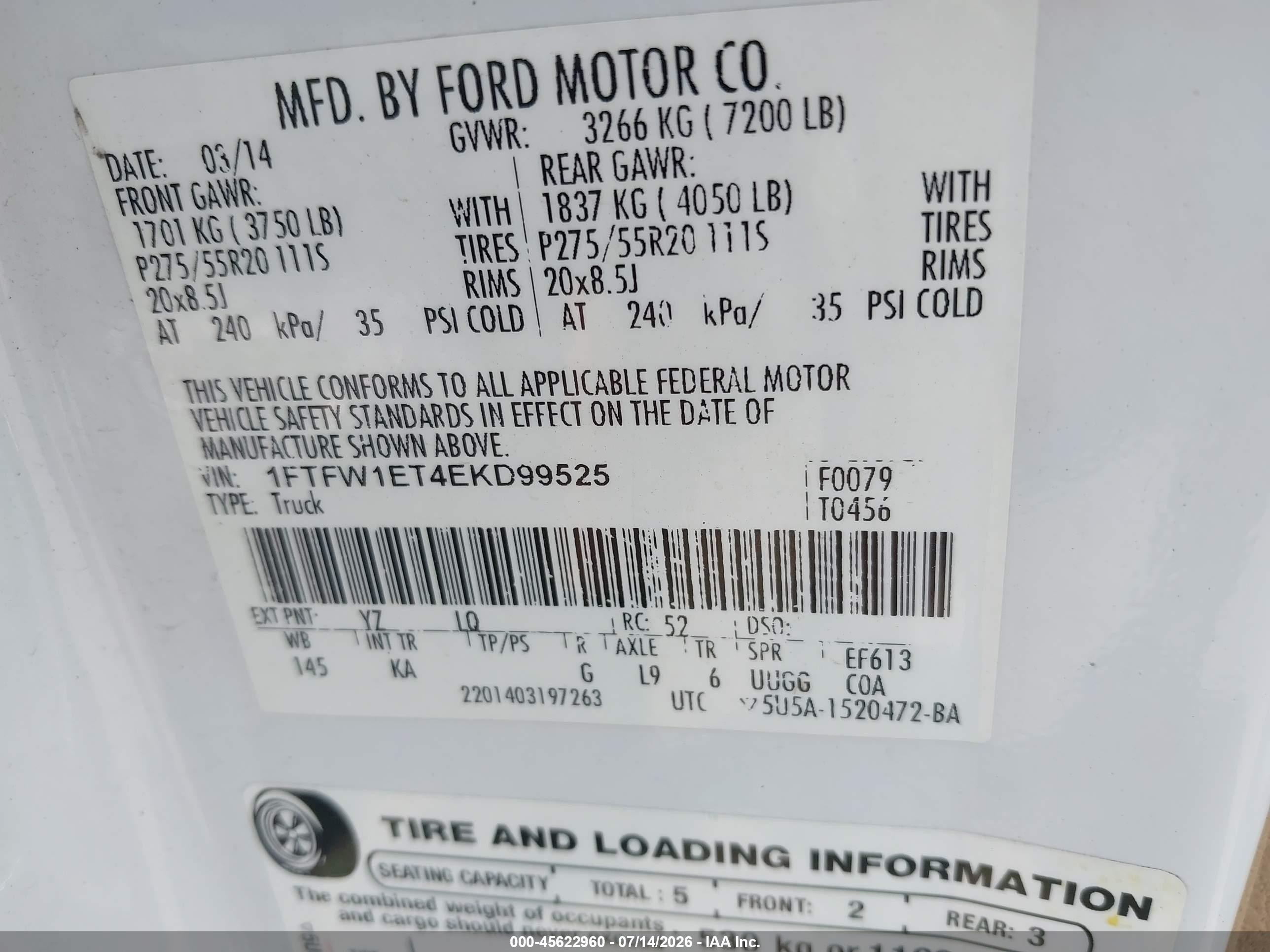 2014 Ford F-150 King Ranch White vin: 1FTFW1ET4EKD99525