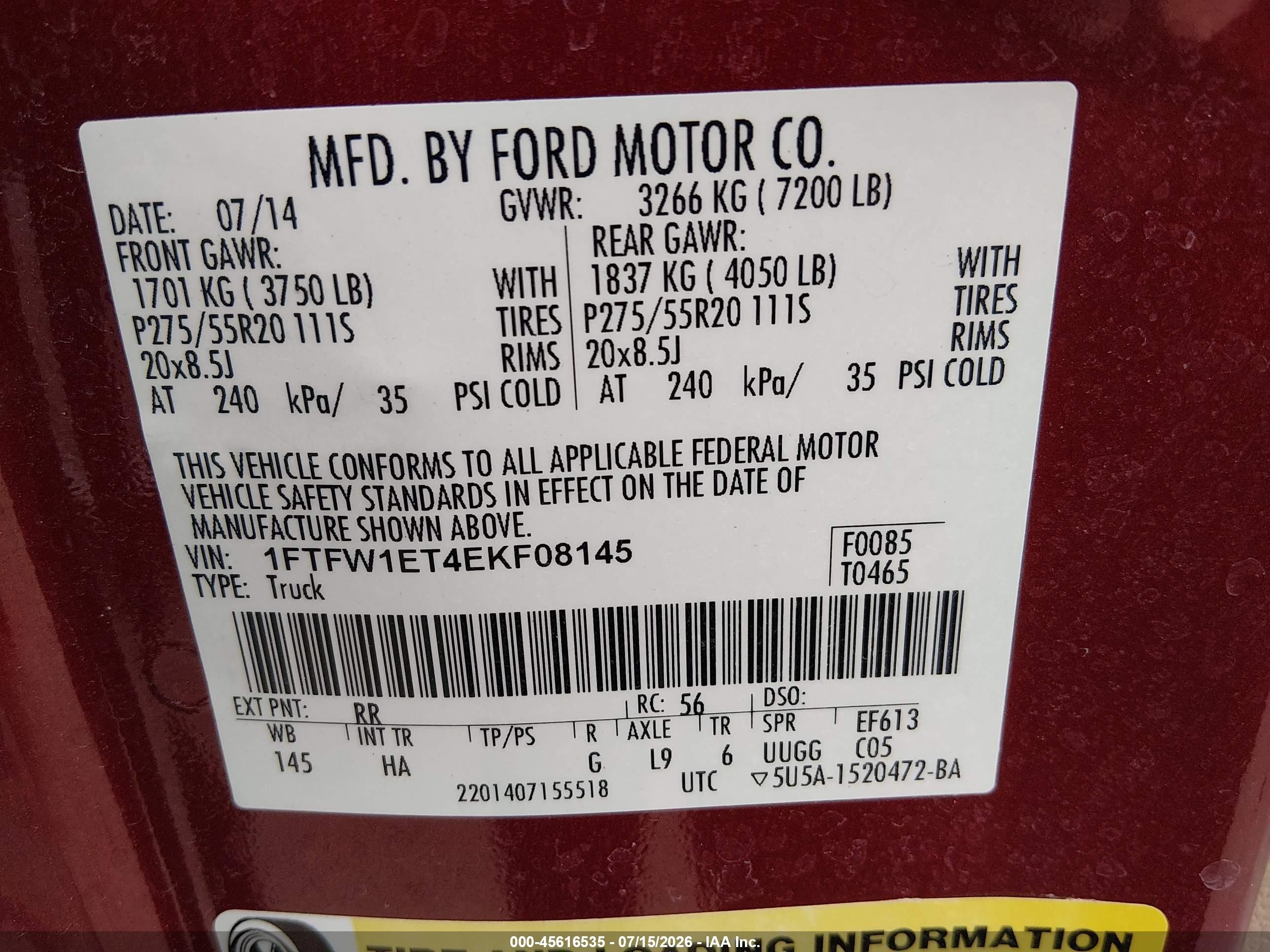 2014 Ford F-150 Lariat Red vin: 1FTFW1ET4EKF08145