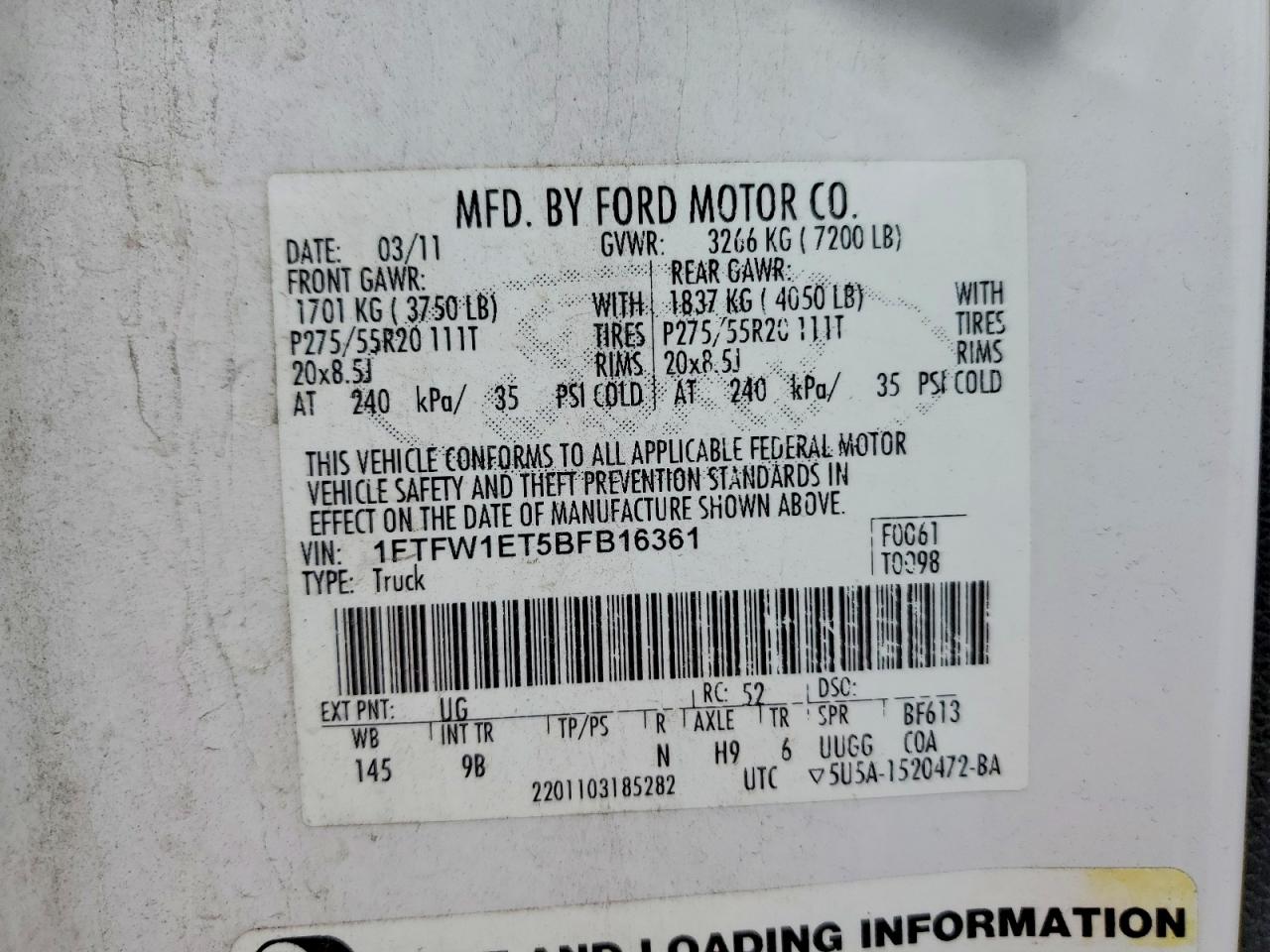 2011 Ford F150 Supercrew White vin: 1FTFW1ET5BFB16361