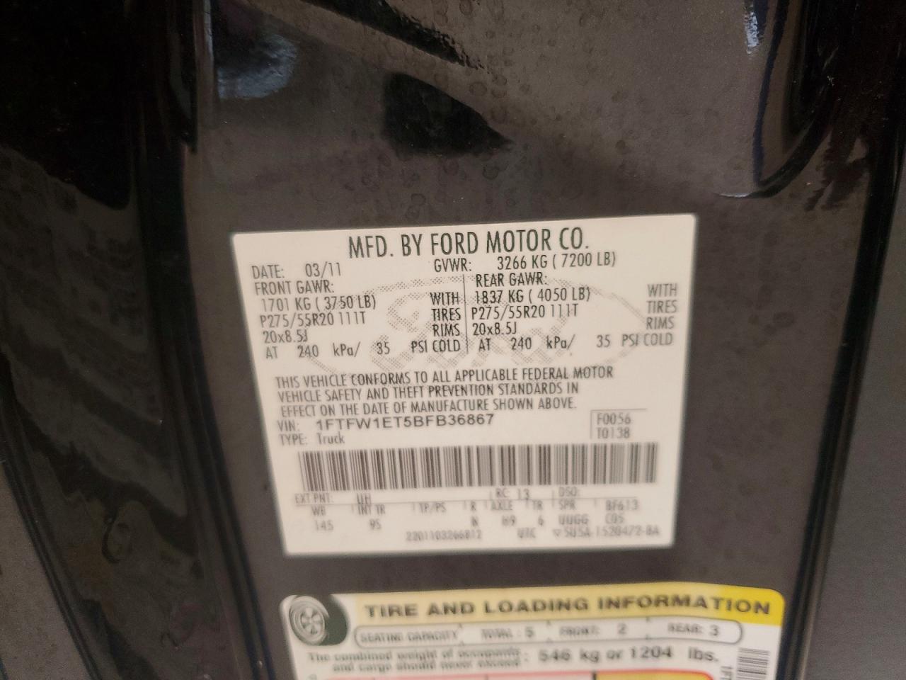 2011 Ford F150 Supercrew Black vin: 1FTFW1ET5BFB36867
