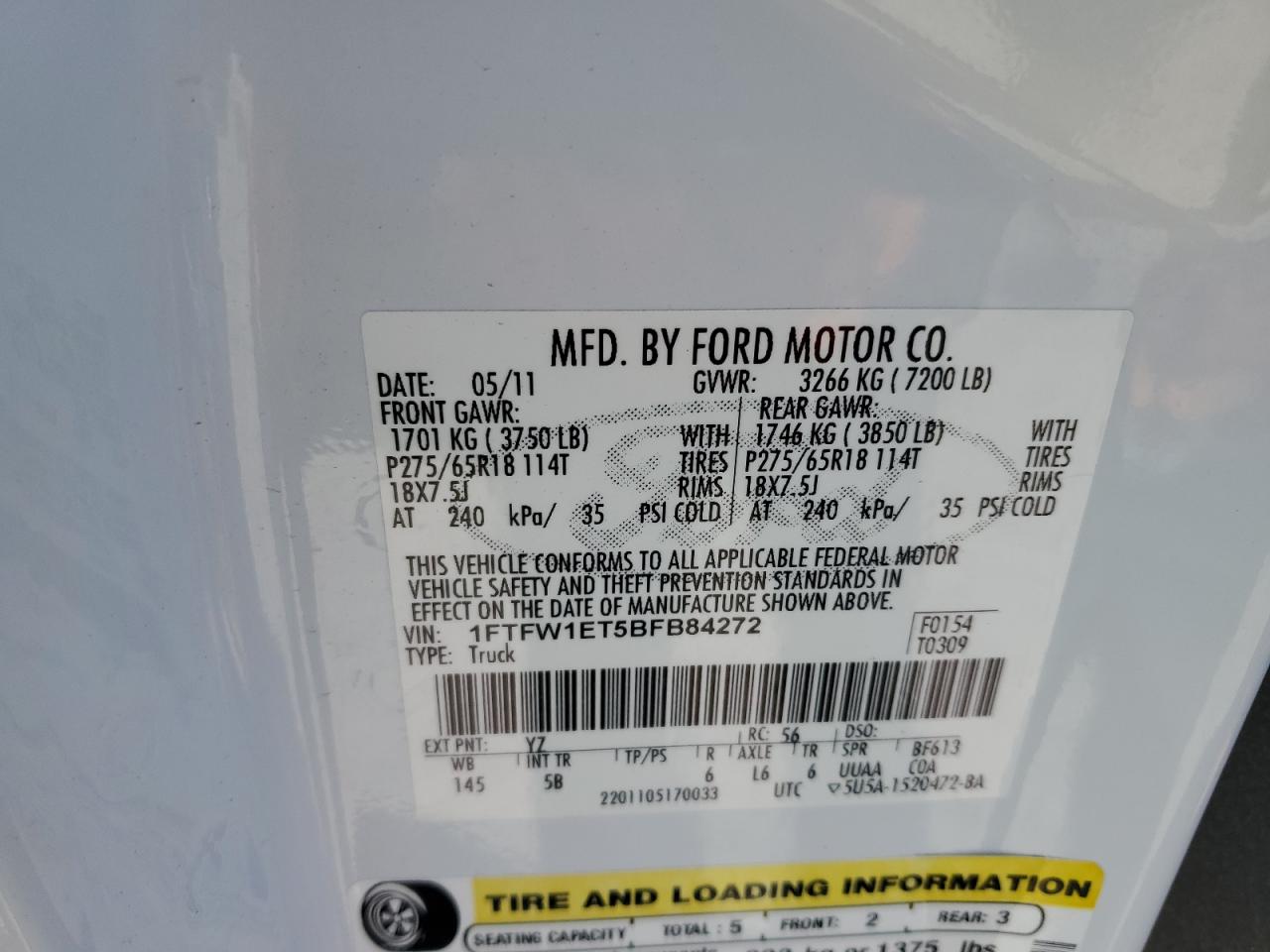 2011 Ford F150 Supercrew Supercrew White vin: 1FTFW1ET5BFB84272