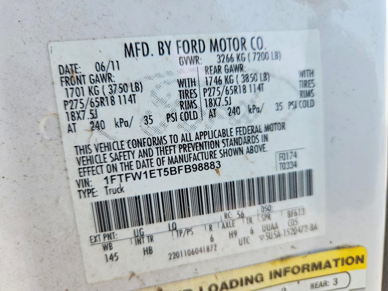 2011 Ford F150 Supercrew White vin: 1FTFW1ET5BFB98883
