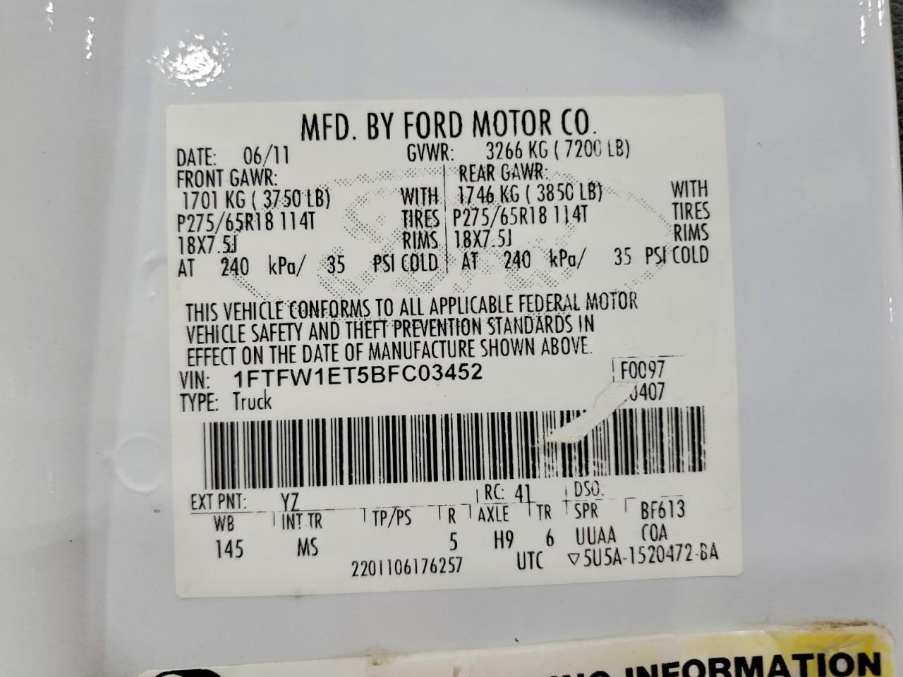 2011 Ford F150 Supercrew White vin: 1FTFW1ET5BFC03452