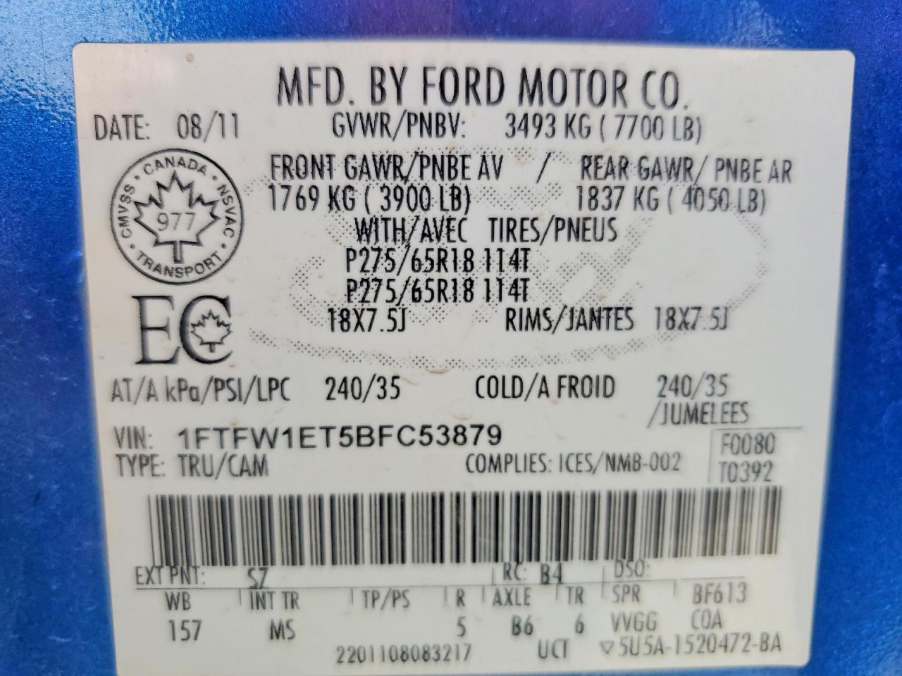 2011 Ford F150 Supercrew Blue vin: 1FTFW1ET5BFC53879