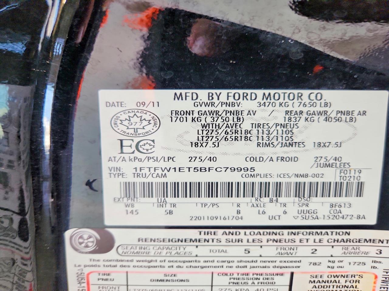 2011 Ford F150 Supercrew Black vin: 1FTFW1ET5BFC79995