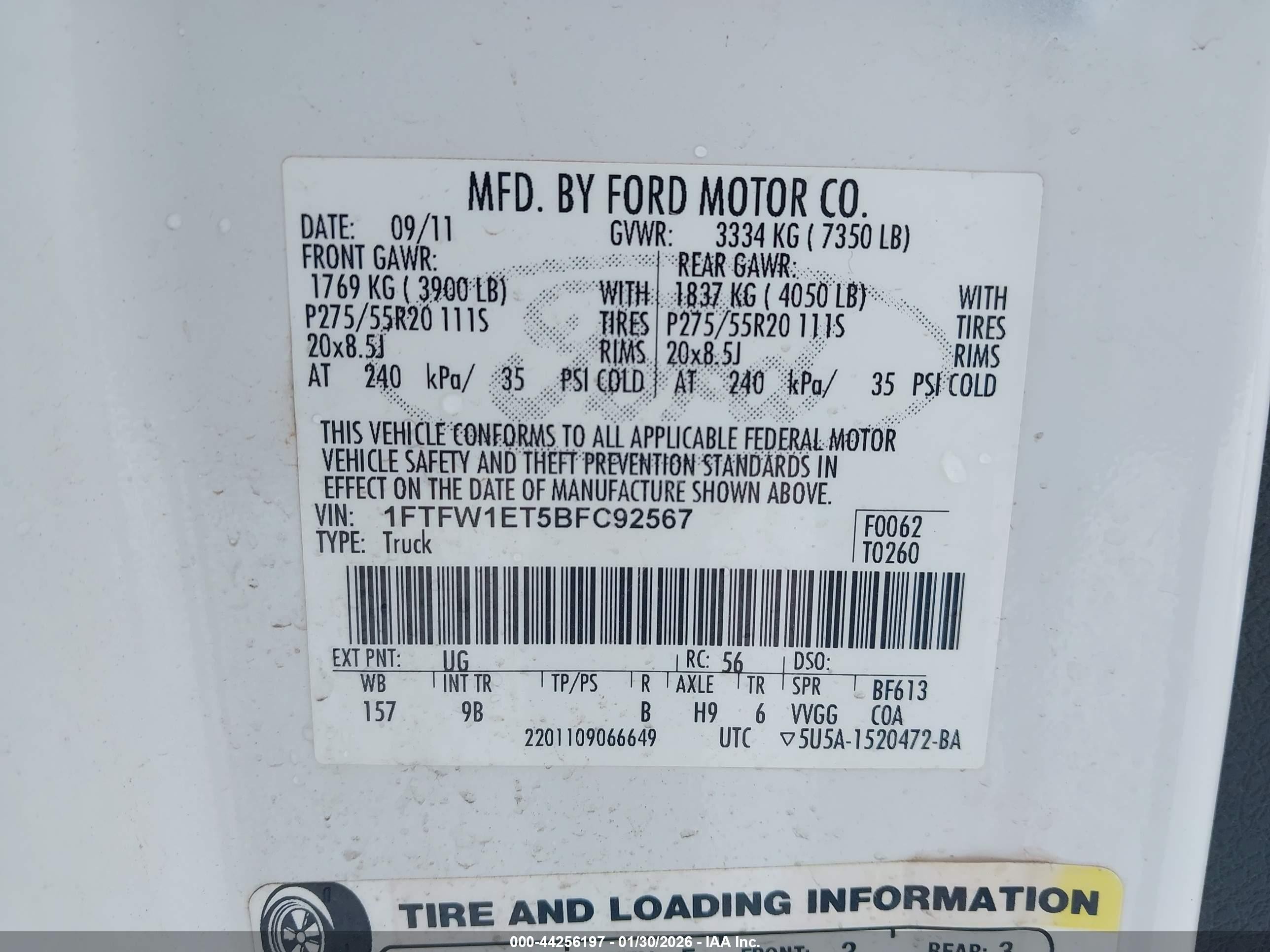 2011 Ford F-150 Platinum White vin: 1FTFW1ET5BFC92567