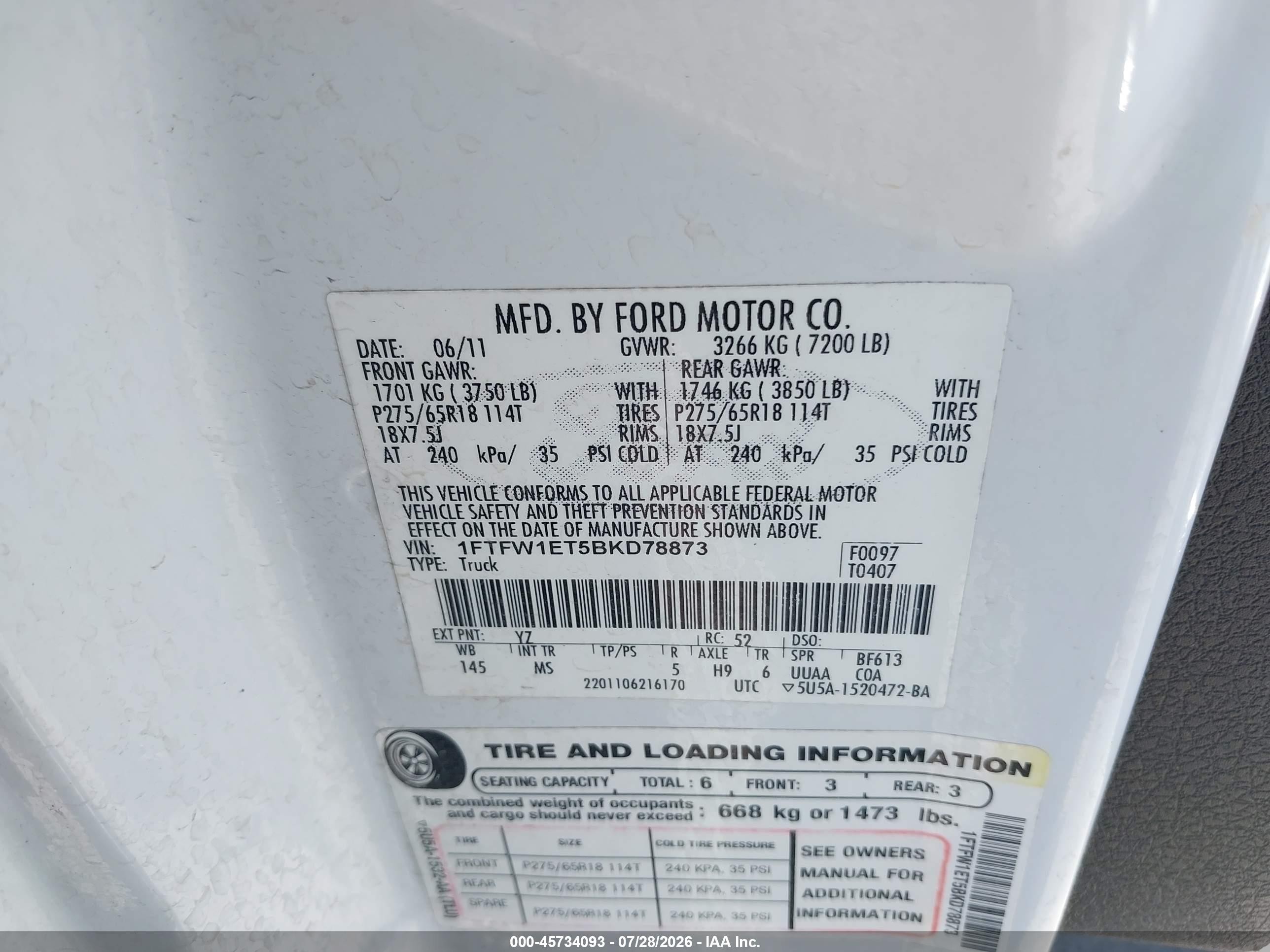 2011 Ford F-150 Xlt White vin: 1FTFW1ET5BKD78873