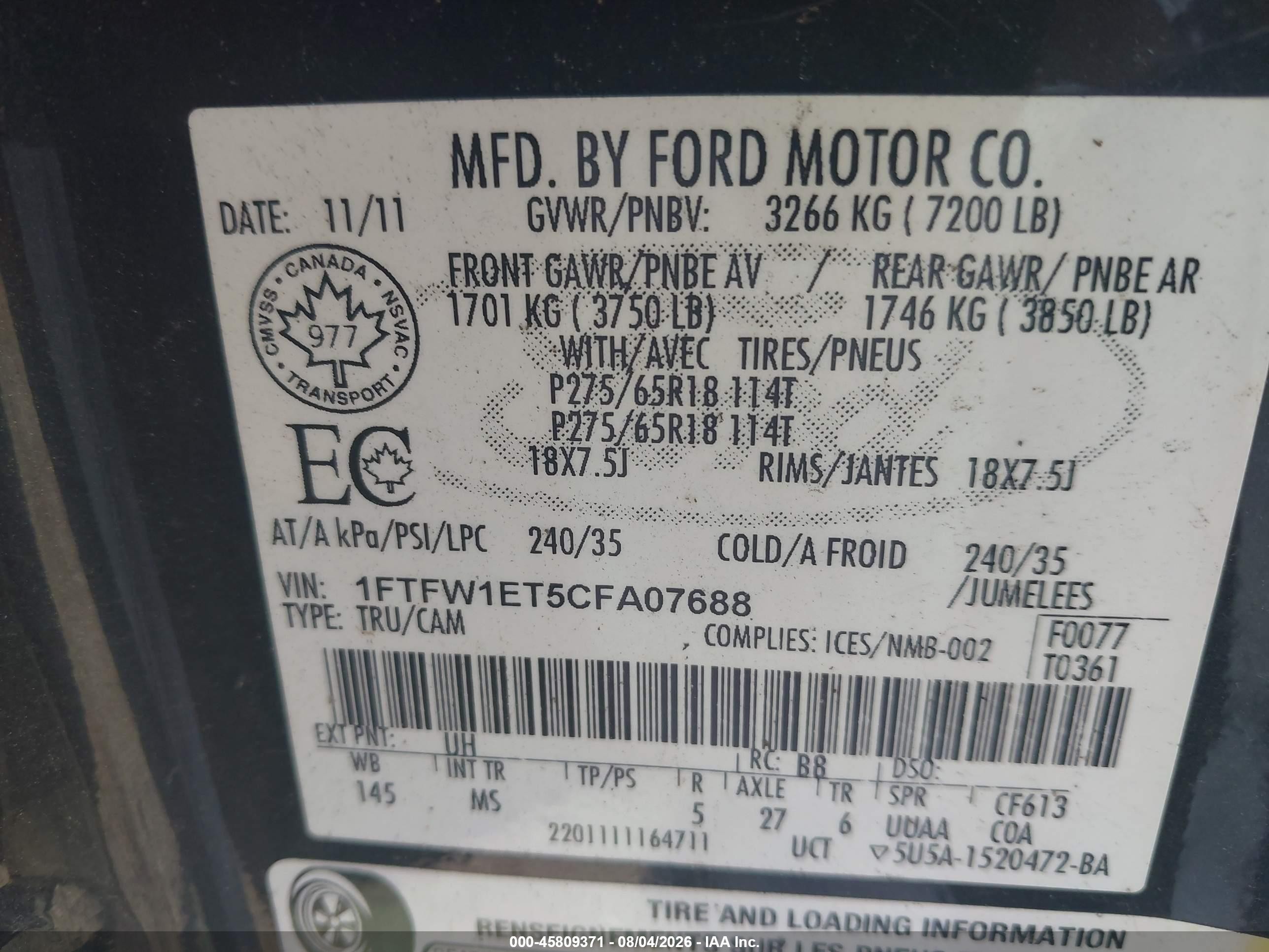 2012 Ford F-150 Xlt Black vin: 1FTFW1ET5CFA07688