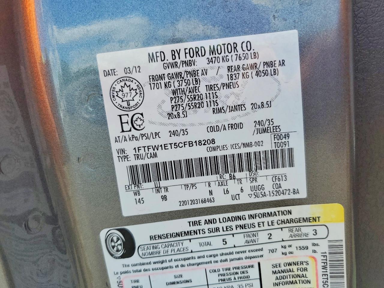 2012 Ford F150 Supercrew Gray vin: 1FTFW1ET5CFB18208