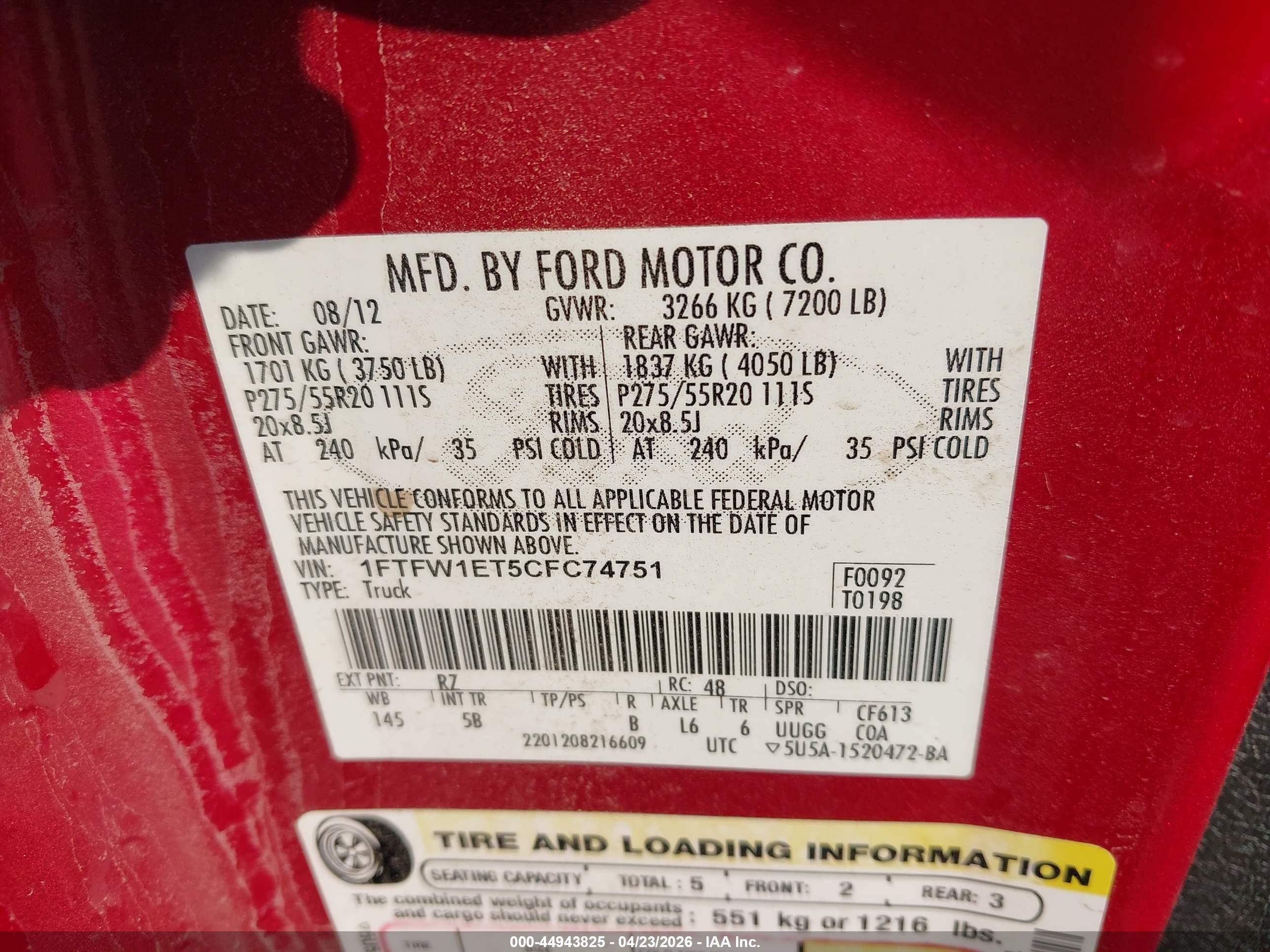 2012 Ford F-150 Fx4 Red vin: 1FTFW1ET5CFC74751