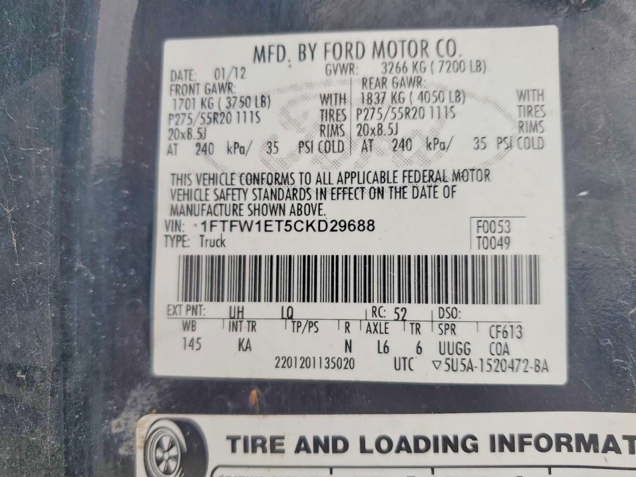 2012 Ford F150 Supercrew Black vin: 1FTFW1ET5CKD29688