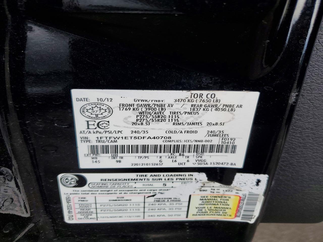 2013 Ford F150 Supercrew Black vin: 1FTFW1ET5DFA40708