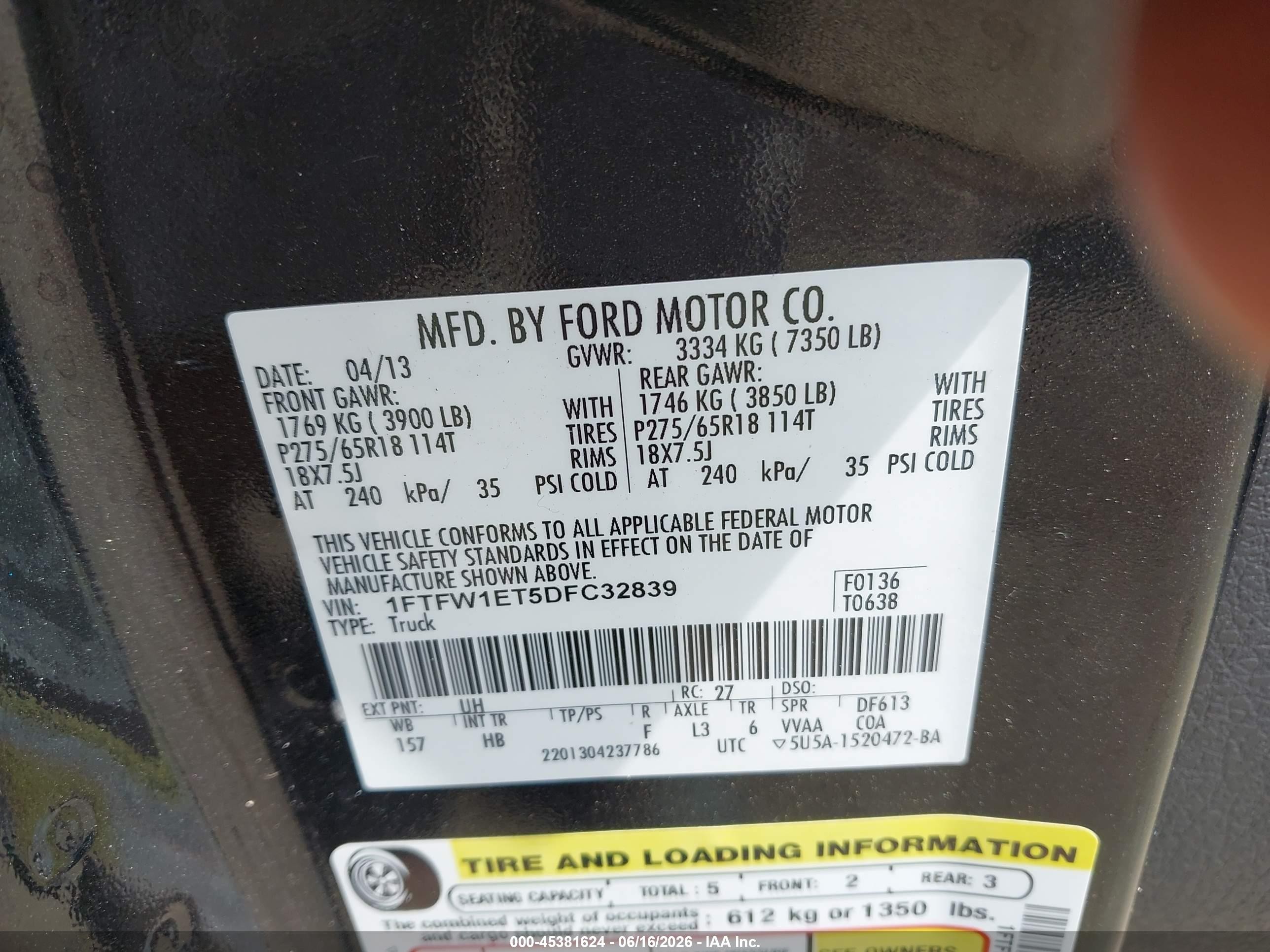 2013 Ford F-150 Fx4/king Ranch/lariat/limited/platinum/xl/xlt Black vin: 1FTFW1ET5DFC32839
