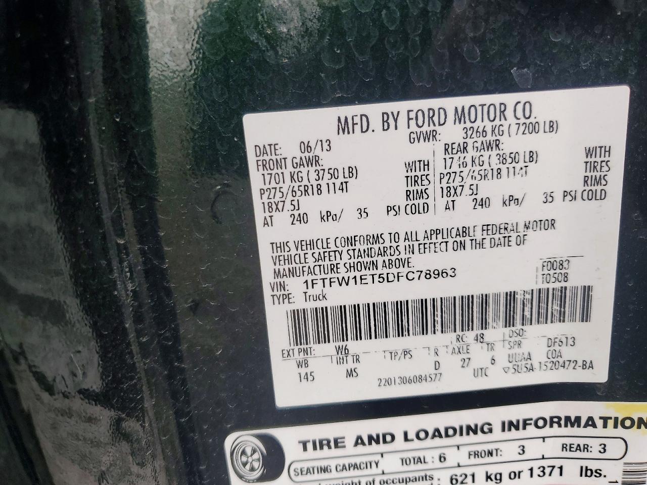 2013 Ford F150 Supercrew Зеленый vin: 1FTFW1ET5DFC78963