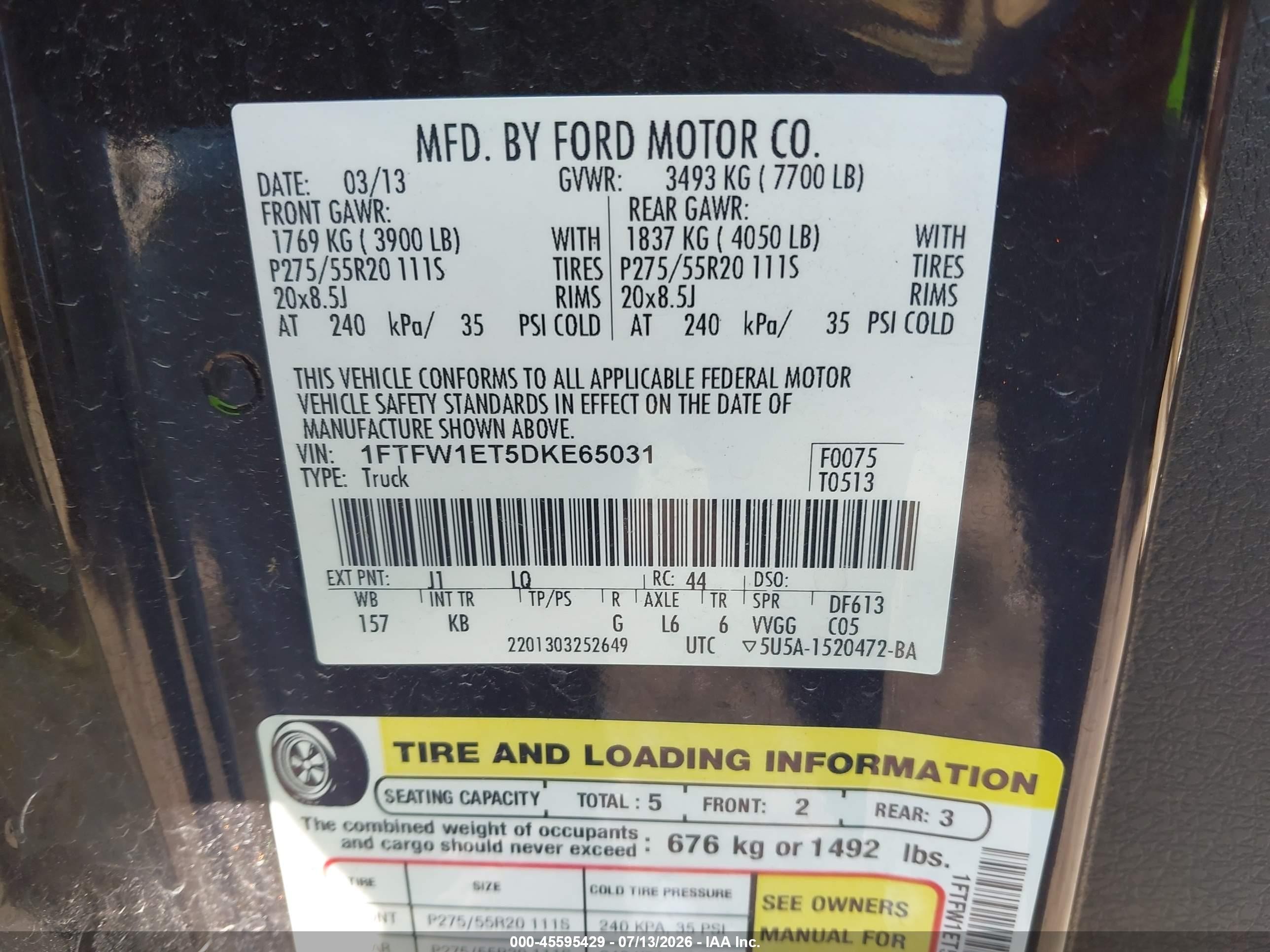 2013 Ford F-150 Fx4/king Ranch/lariat/limited/platinum/xl/xlt Maroon vin: 1FTFW1ET5DKE65031