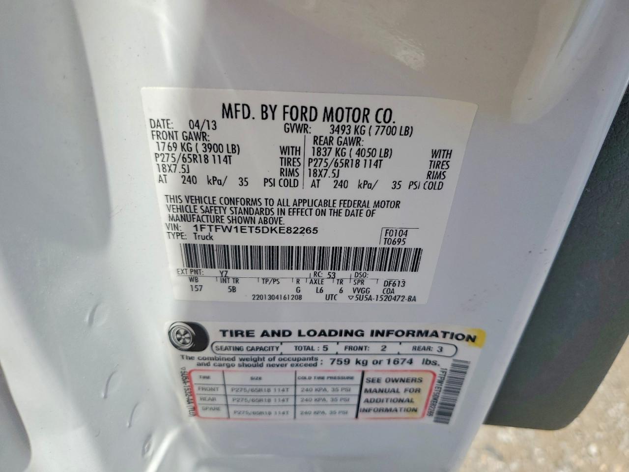 2013 Ford F150 Supercrew White vin: 1FTFW1ET5DKE82265