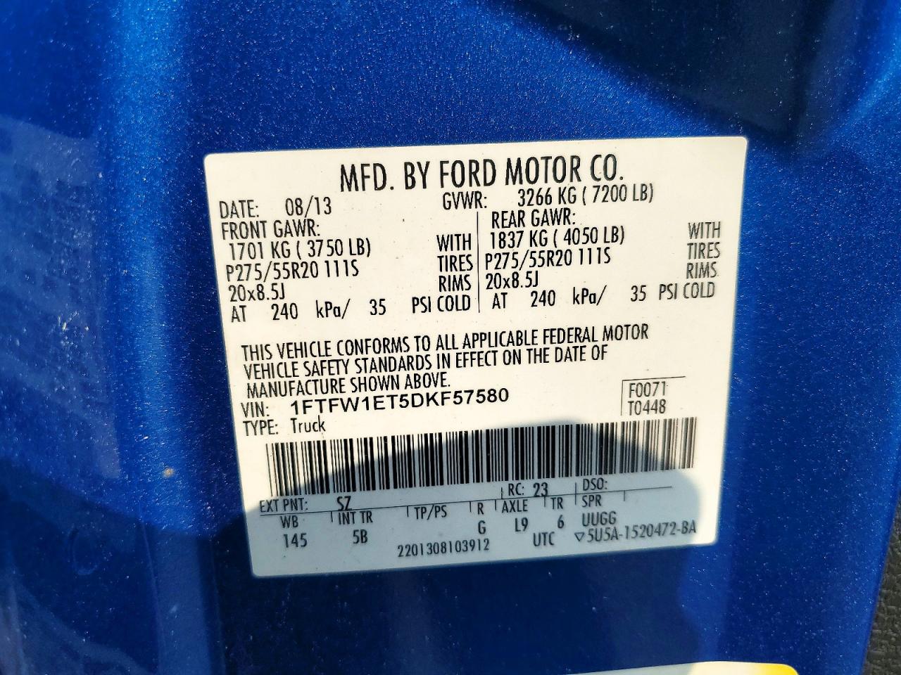 2013 Ford F150 Supercrew Blue vin: 1FTFW1ET5DKF57580
