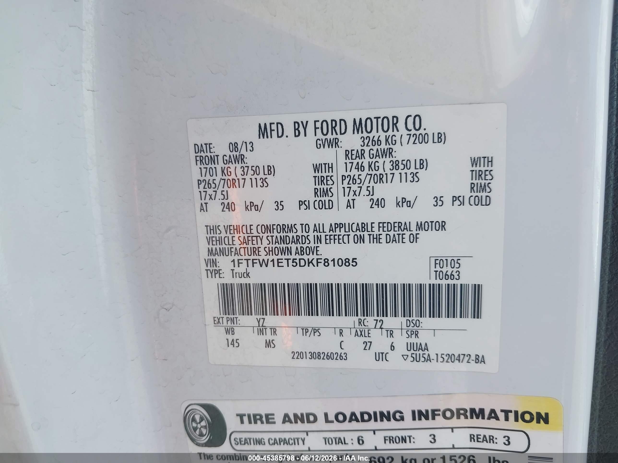 2013 Ford F-150 Xlt White vin: 1FTFW1ET5DKF81085