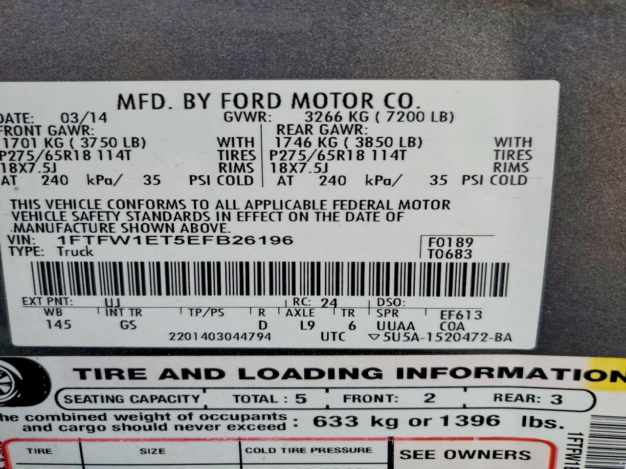 2014 Ford F150 Supercrew Серый vin: 1FTFW1ET5EFB26196
