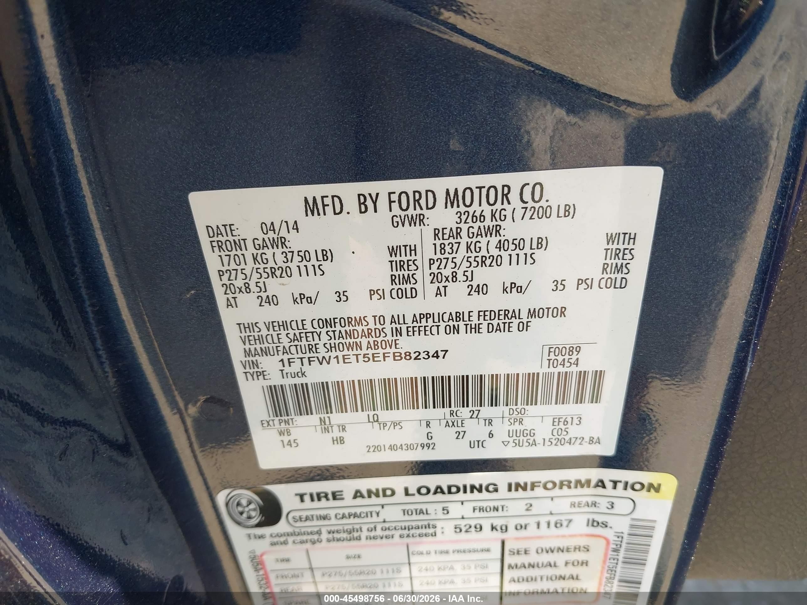 2014 Ford F-150 Lariat Blue vin: 1FTFW1ET5EFB82347