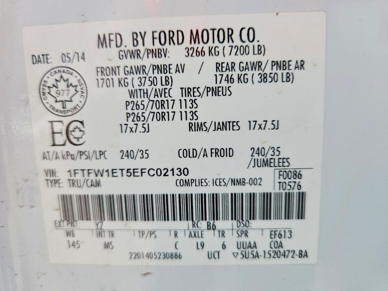 2014 Ford F150 Supercrew White vin: 1FTFW1ET5EFC02130