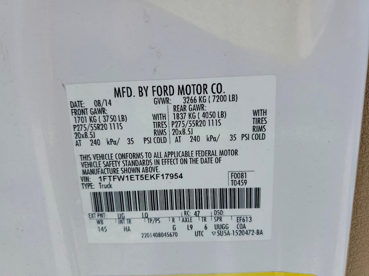 2014 Ford F150 Supercrew White vin: 1FTFW1ET5EKF17954
