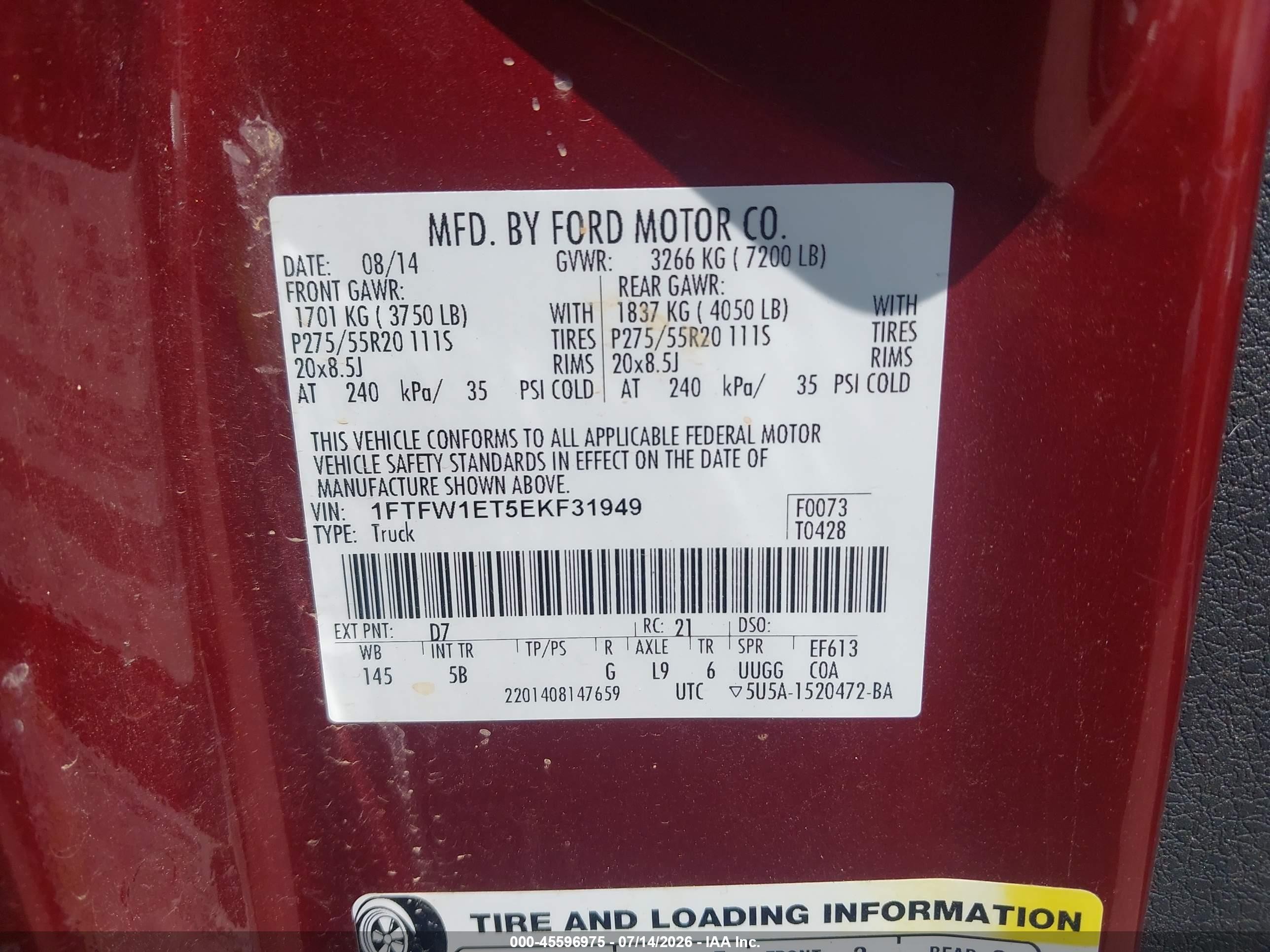 2014 Ford F-150 Fx4/king Ranch/lariat/limited/platinum/xl/xlt Красный vin: 1FTFW1ET5EKF31949