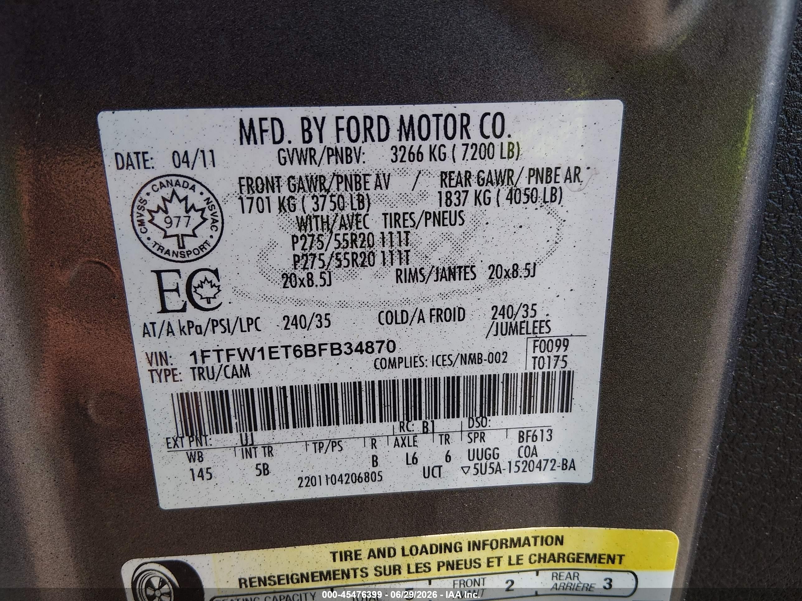 2011 Ford F-150 Fx4/king Ranch/lariat/platinum/xlt Gray vin: 1FTFW1ET6BFB34870