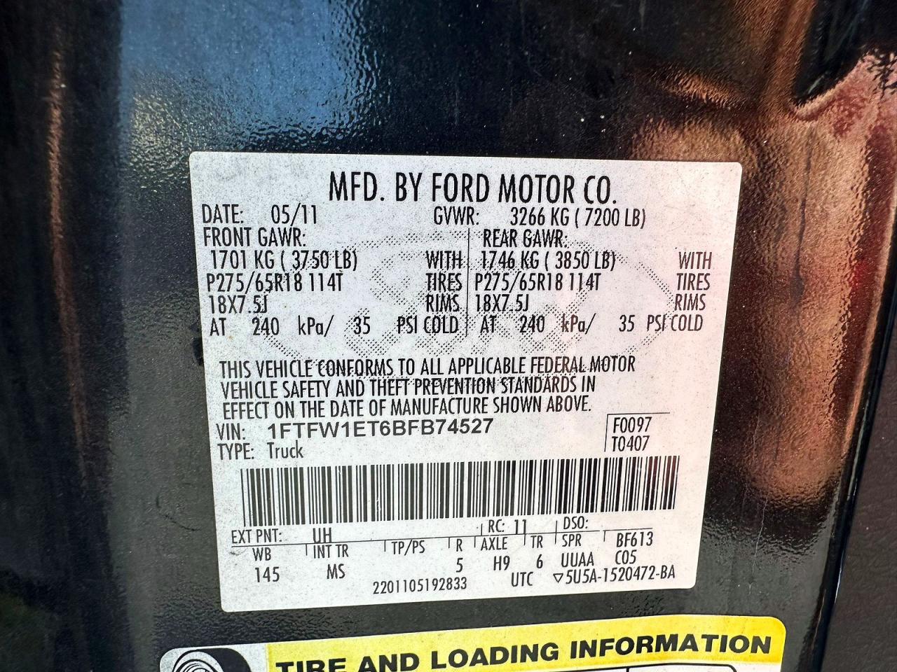 2011 Ford F150 Supercrew Black vin: 1FTFW1ET6BFB74527