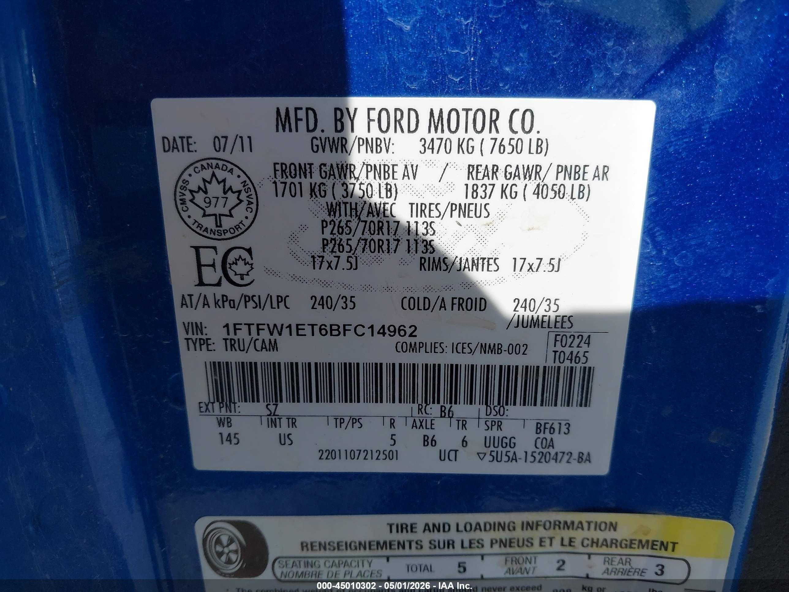 2011 Ford F-150 Xlt Blue vin: 1FTFW1ET6BFC14962